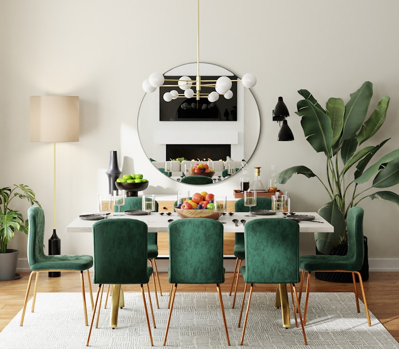 Wooden dining table with upholstered chairs
